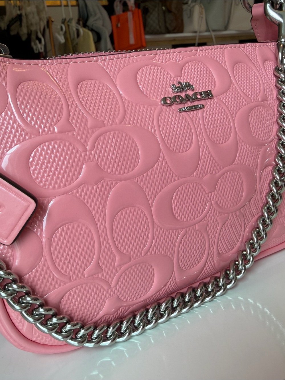 ๐ Coach Nolita 19 Pink Patent Signature Chain Bag CC727 NWT Barbiecore - Picture 16 of 17